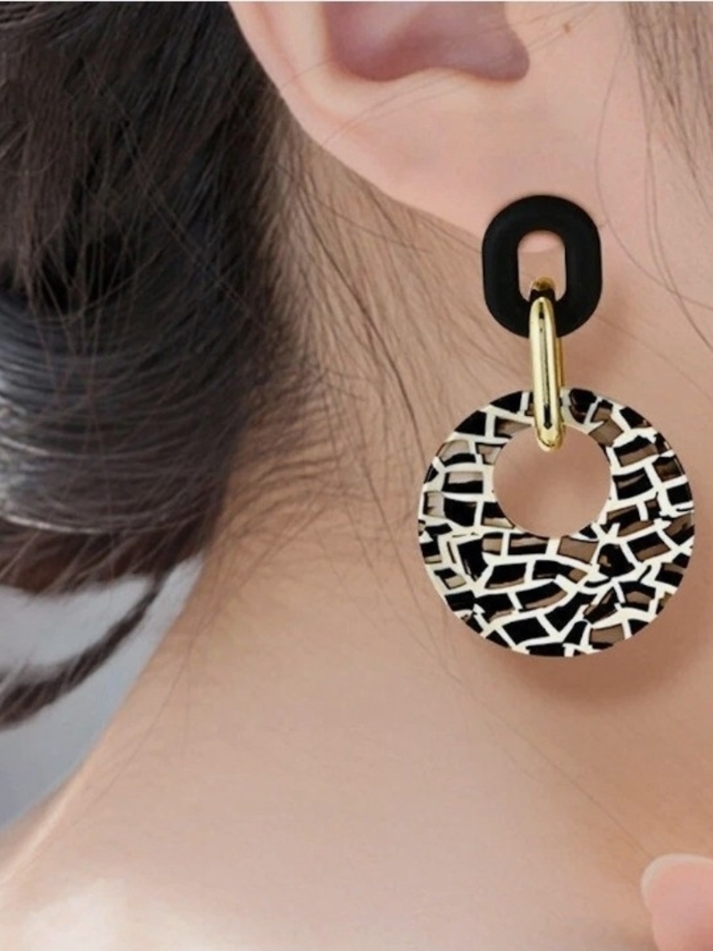 Black & Gold Mosaic Hoop Drop Earrings - Women Jewelry